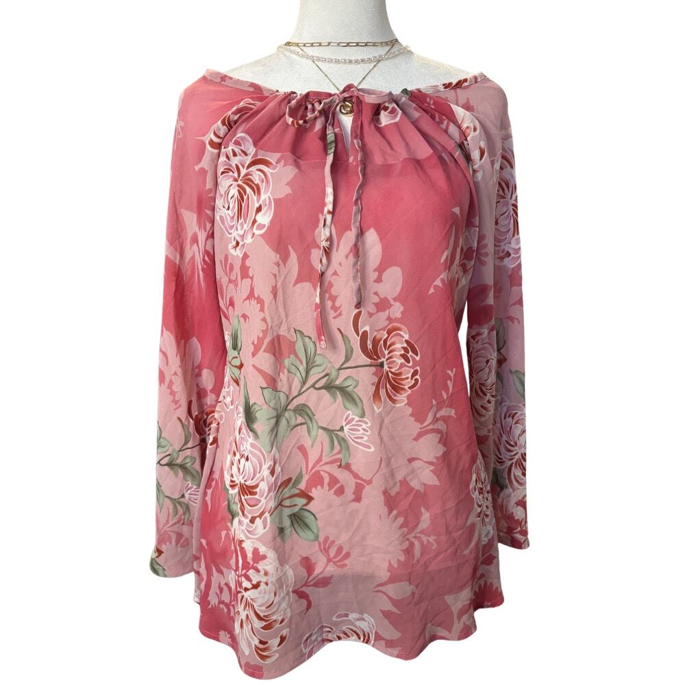 Y2K Floral Chiffon Off Shoulder Blouse Coral Pink XL